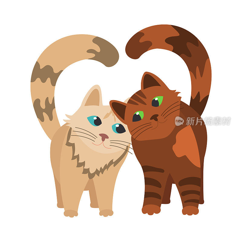 two cats rub against each other, tails like a heart. flat vector illustration isolated on white background